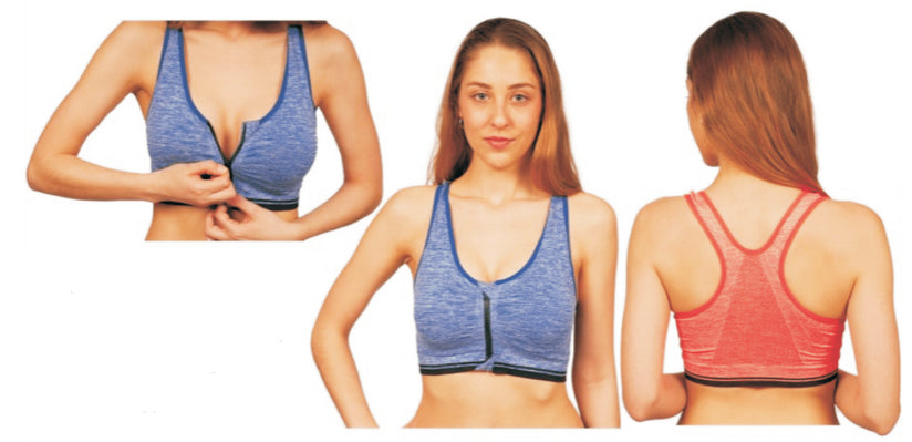 Women's Zip-Up Front Sports Bras w/ Racer Back - Heathered Print