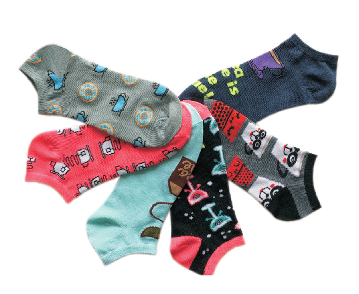 Women's Low Cut Novelty Socks - Coffee, Tea, & Wine Print - Size 9-11 - 6-Pair Packs