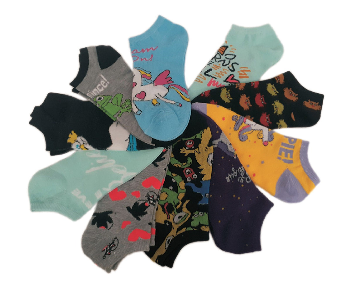 Girl's No Show Socks - Unicorn & Fairy Tale Print - Size 6-8 - 10-Pair Packs