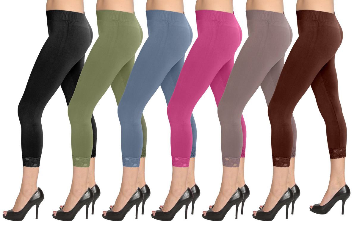 Women's Seamless Capri w/ Lace Trim - Solid Colors 