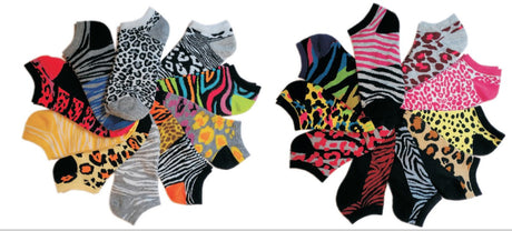 Women's No Show Novelty Socks - Colorful Zebra & Cheetah Print - 10-Pair Packs - Size 9-11
