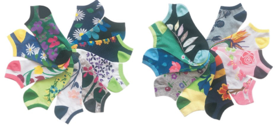Women's No Show Novelty Socks - Flower & Rose Print - 10-Pair Packs - Size 9-11