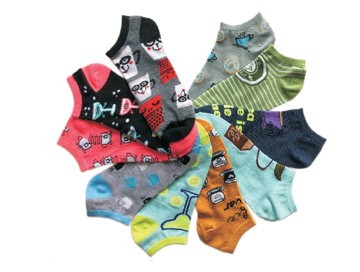 Women's No Show Novelty Socks - Wine, Margarita, & Coffee Print - 10-Pair Packs - Size 9-11