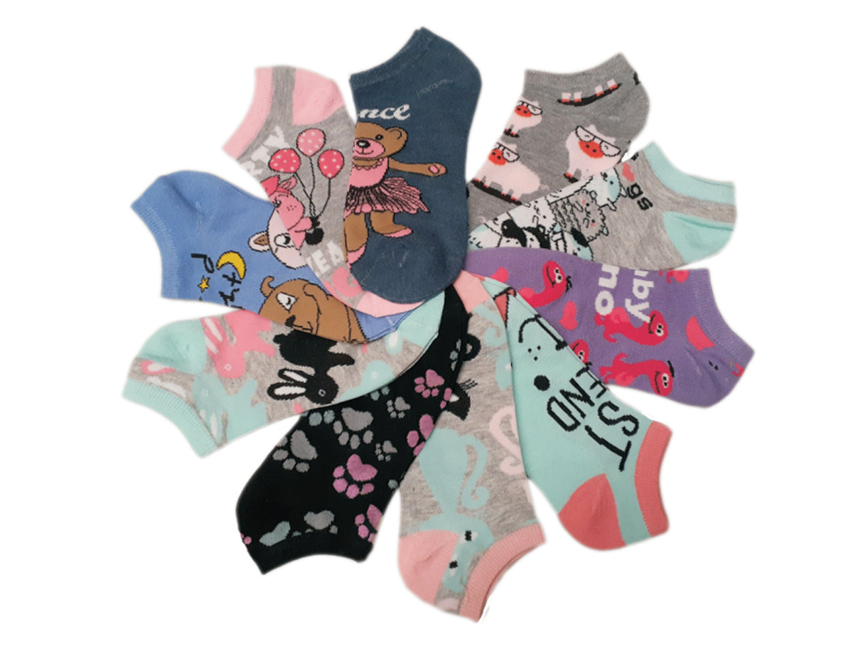 Women's No Show Novelty Socks - Cute Animal Print - 10-Pair Packs - Size 9-11