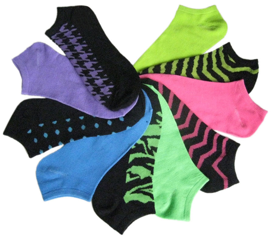Women's No Show Novelty Socks - Assorted Patterns - 10-Pair Packs - Size 9-11