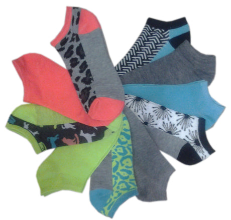 Women's No Show Novelty Socks - Assorted Patterns - 10-Pair Packs - Size 9-11