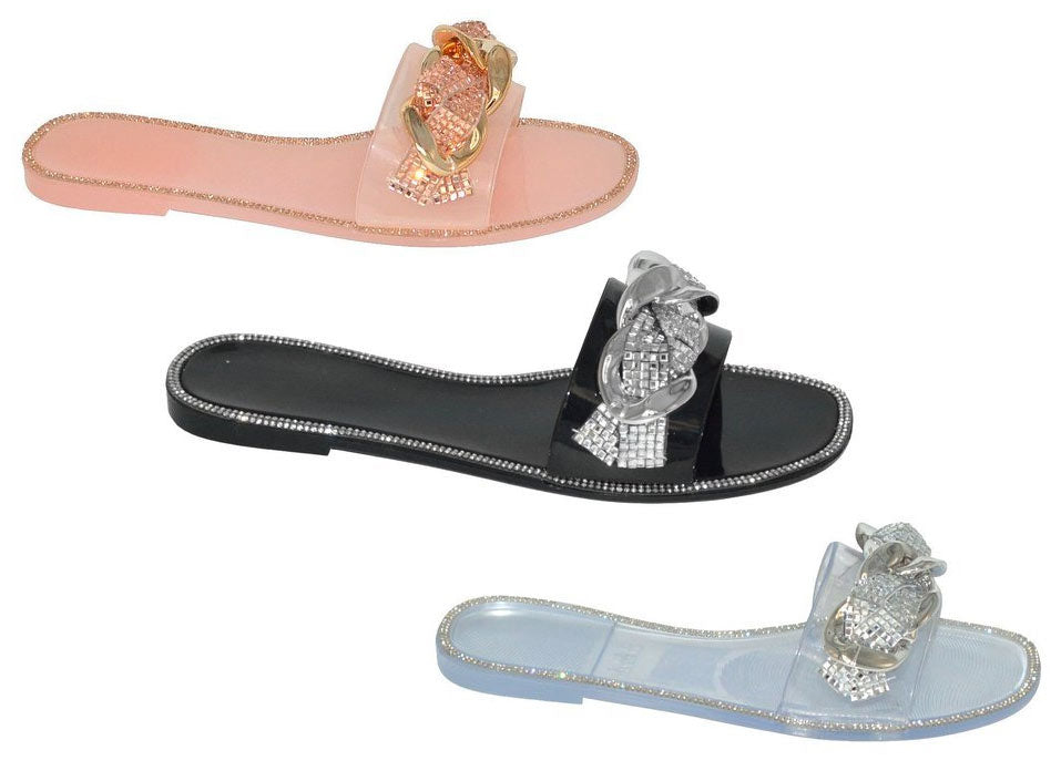 Women's Slide Sandals w/ Metallic Gem Rope Adornment