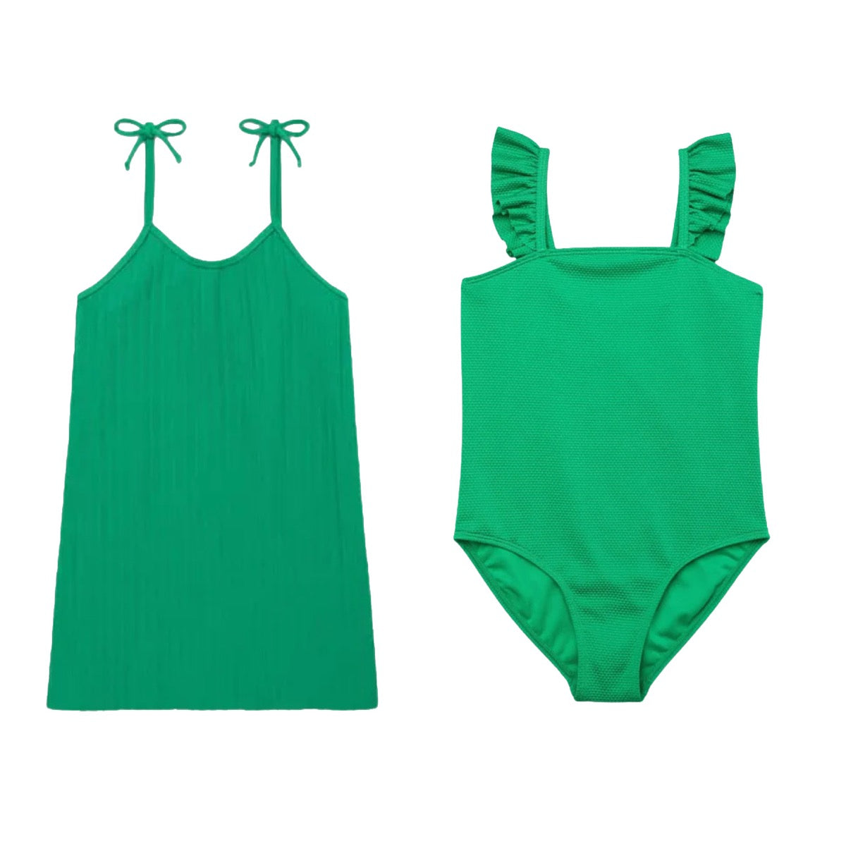 Girl's One-Piece Swimsuits w/ Matching Cover-Up Top - Solid Green - Sizes 4/5-18