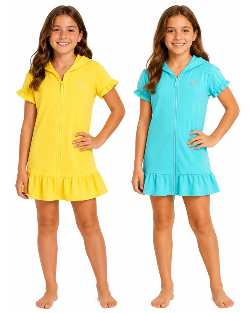 Girl's Short-Sleeve Terry Cloth Zip-Up Hooded Beach Robes - Yellow & Blue - Size 7-16