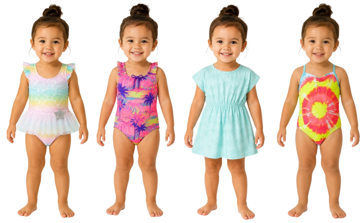 Toddler Girl's One-Piece & Two-Piece Swimsuits w/ Ruffle Dress Details - Tie-Dye & Tropical Print - Size 2T-4T