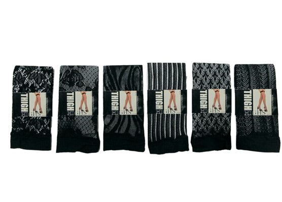 Black Designer Open Weave Thigh High Stockings w/ Solid Cuffs