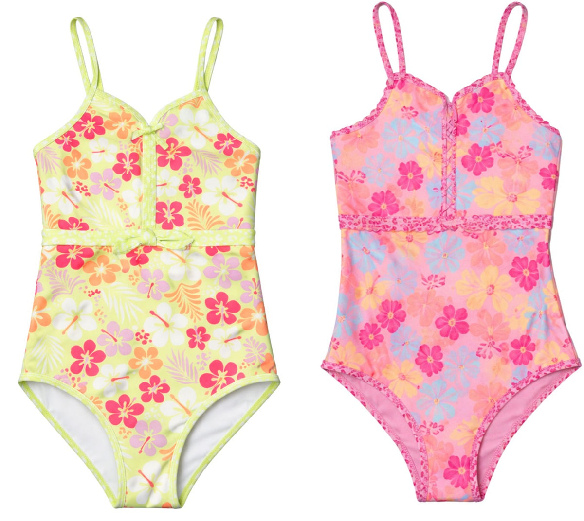 Girl's One-Piece Short Sleeve Rash Guards w/ UPF Sun Protection - Floral & Palm Tree Print - Sizes 4-6X