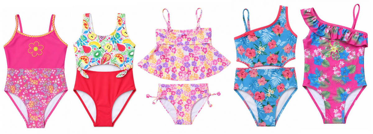 Girl's One-Piece & Two-Piece Swimsuits - Tropical Floral, Palm Tree, & Fruit Print - Sizes 4-6X