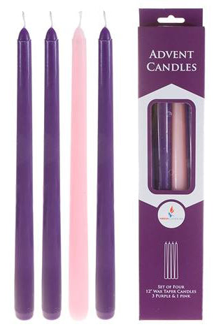 4 pcs 12" Advent Unscented Taper Candles - Asst