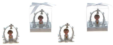 Toddler in White Praying Under a Cross Poly Resin