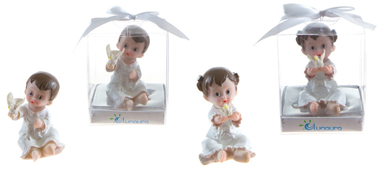 Toddler in White Robe Holding Dove Poly Resin