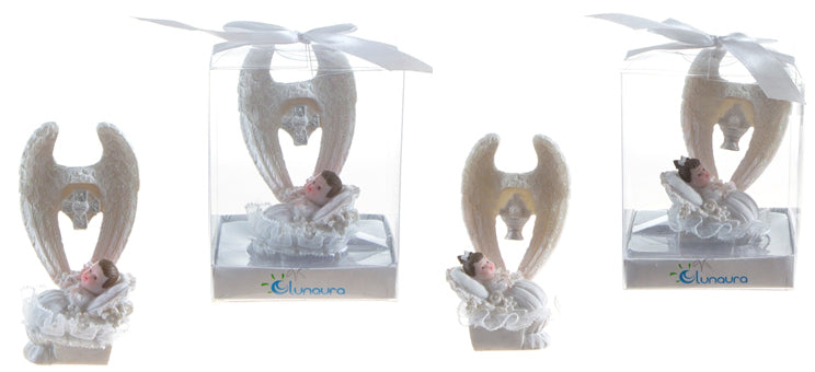 Baby In White Laying On Pillow Under Wings Poly Resin