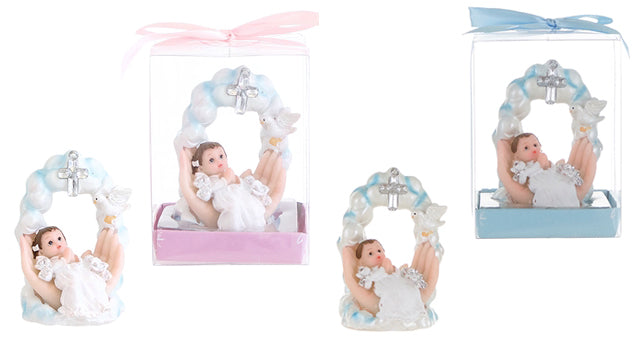 Baby On Palm Praying Above Cross Poly Resin w/ Gift Box