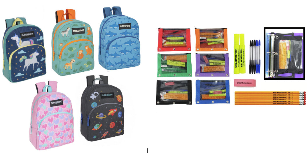 17" PureSport Assorted Printed Graphic Backpacks & High School Supply Kit Sets