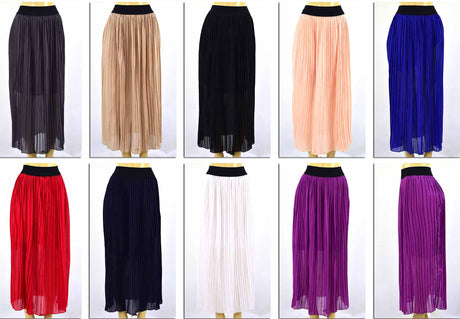 Women's Pleated Maxi Skirt - Solid Colors - Sizes M-2XL