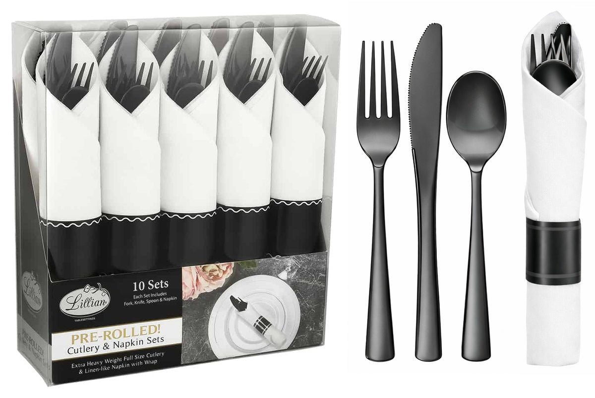 Lillian Pre-Rolled Premium Disposable Cutlery Sets - Black - 10-Packs