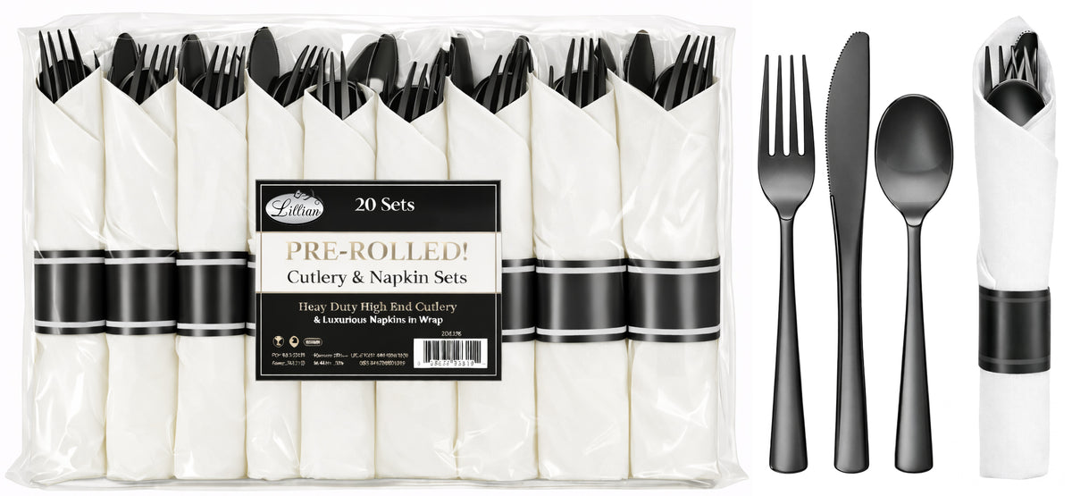 Lillian Pre-Rolled Premium Disposable Cutlery Sets - Black - 20-Packs