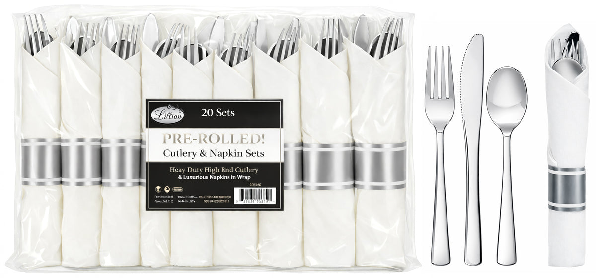 Lillian Pre-Rolled Premium Disposable Cutlery Sets - Silver - 20-Packs