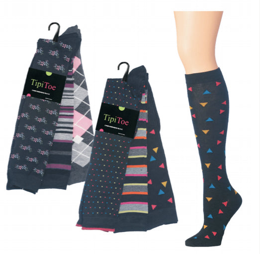 Women's Solid Knit Knee High Socks w/ Two Tone Patterns - Triangle, Polka Dots, & Argyle - Size 9-11 - 3-Pair Packs