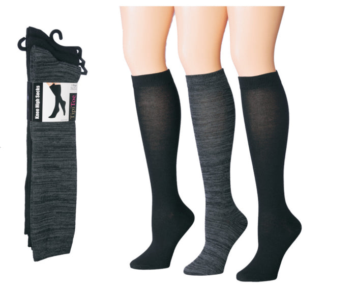 Women's Solid Knit Knee High Socks - Grey & Black Colors - Size 9-11 - 3-Pair Packs
