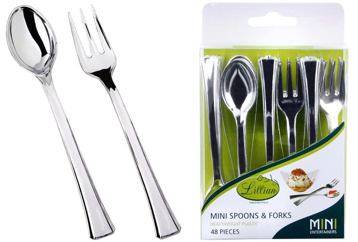 Mini Polished Silver Plastic Spoons And Forks Combo - 48-Packs - Lillian