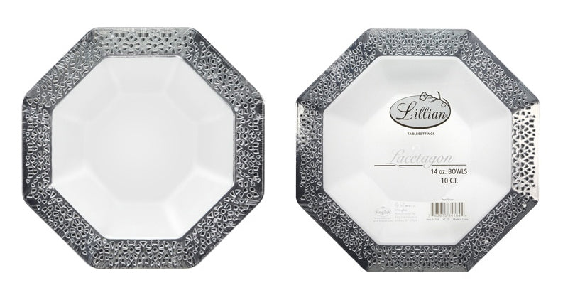 Lacetagon - 14 oz. Pearl Bowl - Silver Rim - 10-Packs - Lillian