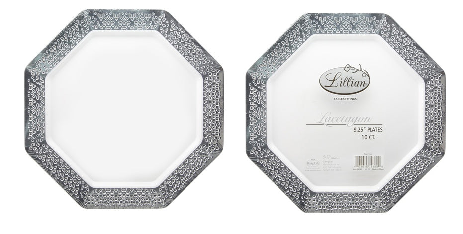 Lacetagon - 9.25" Pearl Plate - Silver Rim - 10-Packs - Lillian