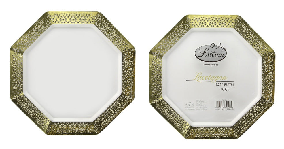 Lacetagon - 9.25" Pearl Plate - Gold Rim - 10-Packs - Lillian