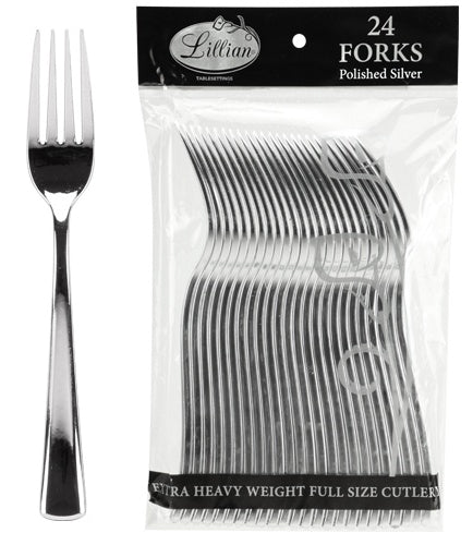 Polished Silver Plastic Cutlery - Forks - 24-Packs - Lillian