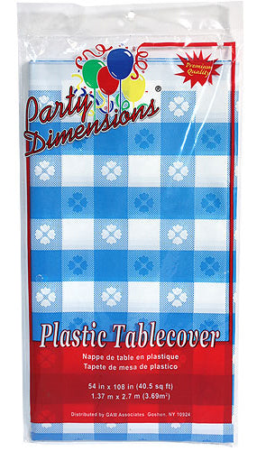 54" X 108" Blue Gingham Rectangular Plastic Tablecloth 48-Packs - Party Dimensions