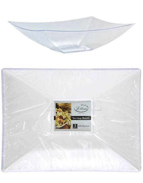 Clear 64 oz. Rectangular Plastic Serving Bowl - 3-Packs - Lillian
