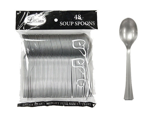 Silver Plastic Soup Spoons Cutlery Bags by Lillian - 48-Packs