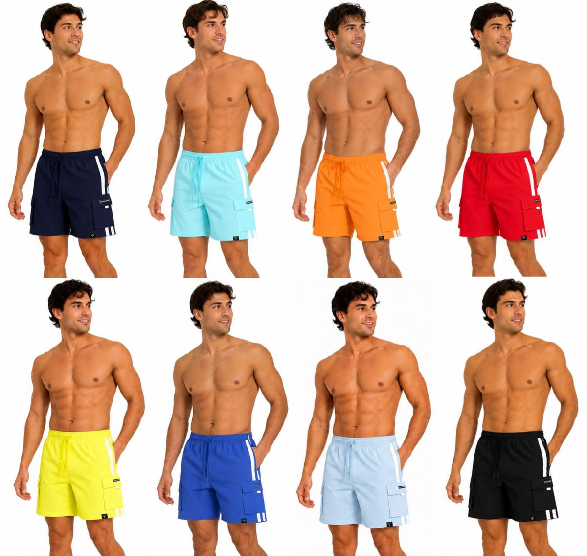 Men's Swim Trunks w/ Two Tone Athletic Stripe & Side Cargo Pocket - Size Small-XL