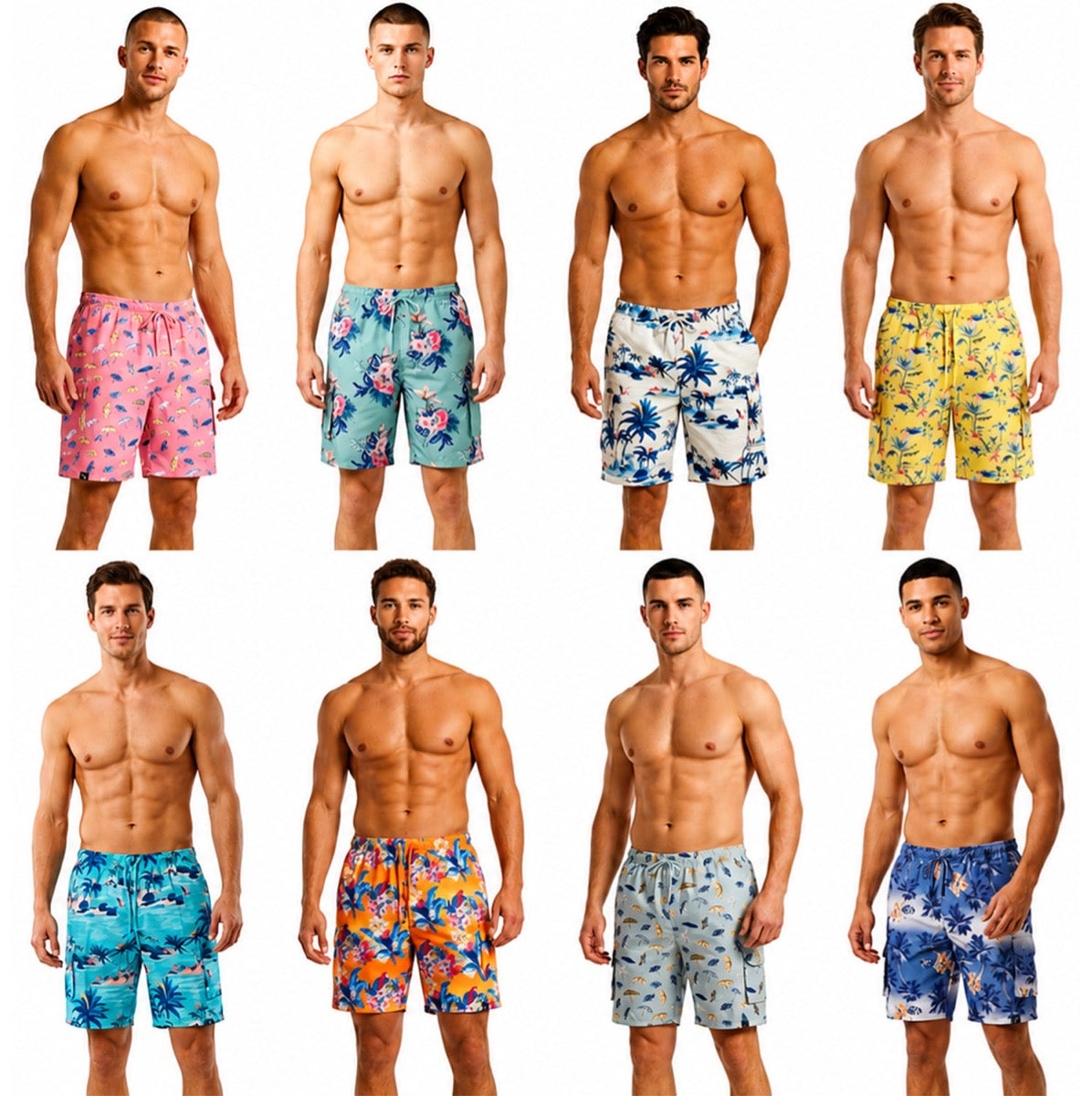 Men's Printed  Swim Trunks w/ Side Cargo Pocket - Tropical & Beach Print - Size Small-2XL