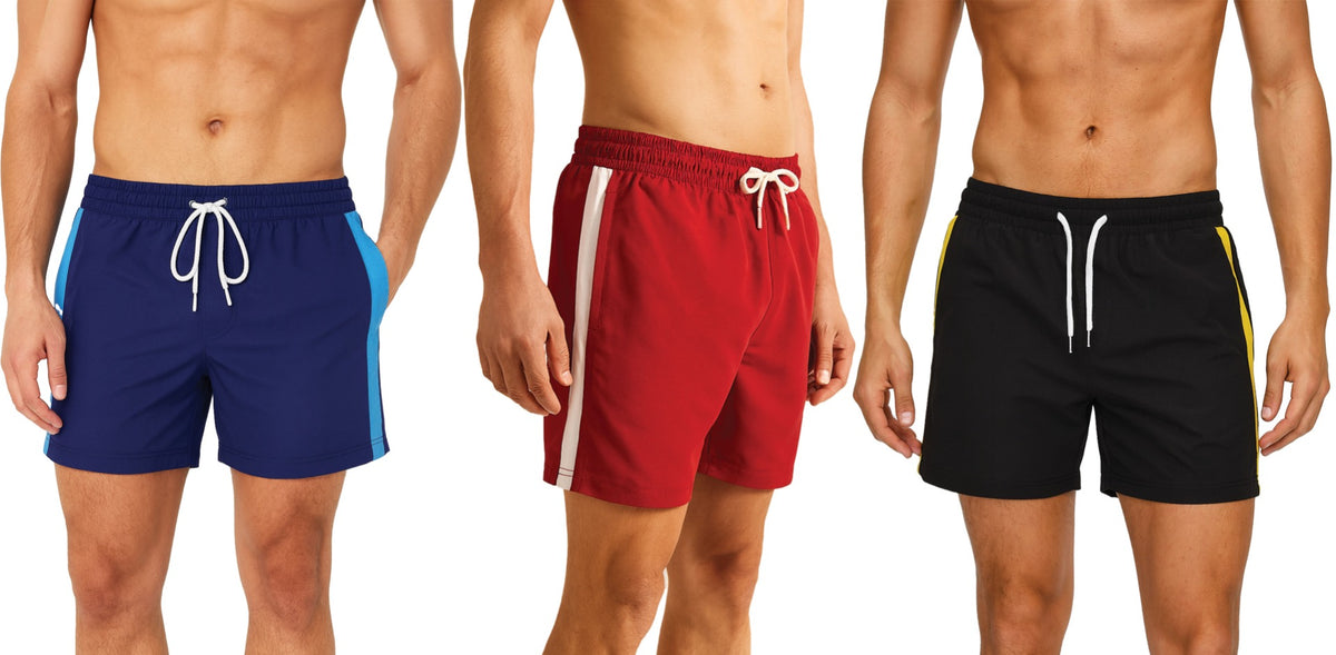 Men's 4-Way Stretch Swim Trunks w/ Adjustable Drawstring & Cargo Pockets - Two Tone Stripe - Sizes Small-2XL