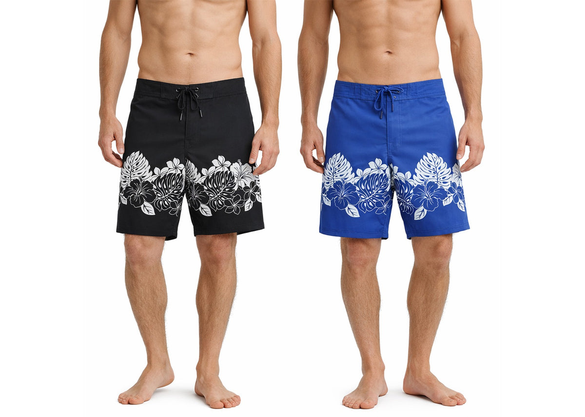 Men's 4-Way Stretch Board Shorts w/ Velcro Cargo Pockets - Hibiscus Palm Leaf Print - Size Small-2XL
