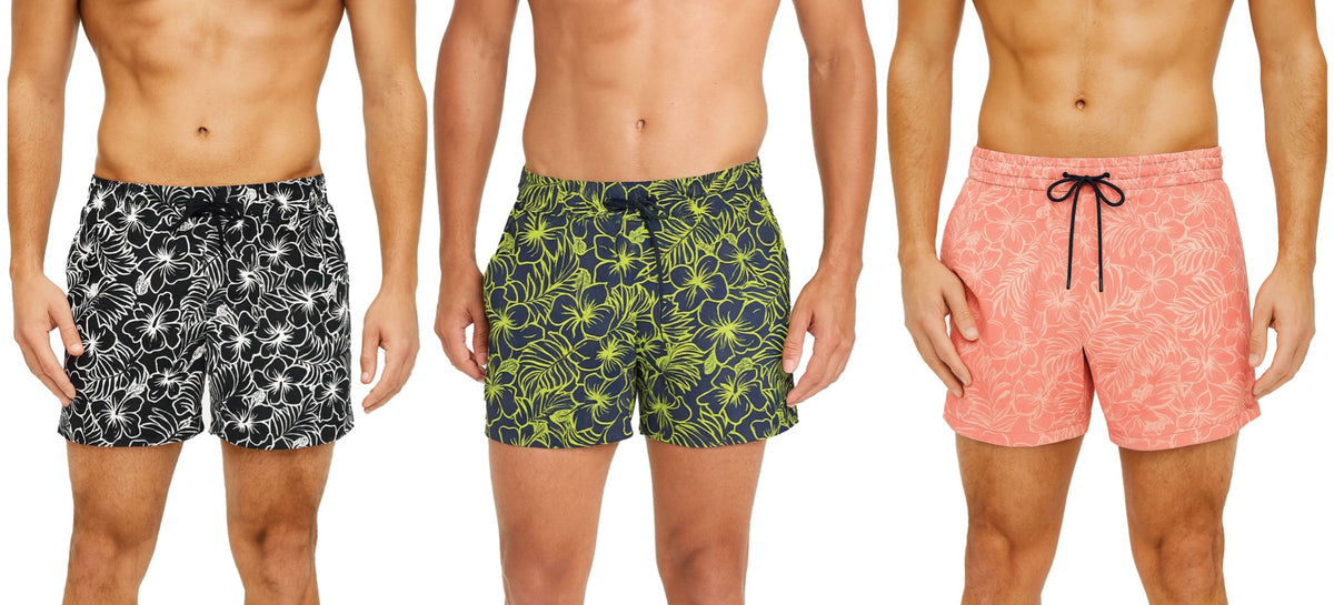 Men's 4-Way Stretch Swim Trunks w/ Velcro Cargo Pockets - Hibiscus Floral Print - Size Small-2XL
