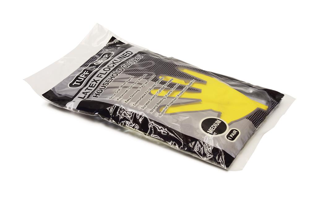 12" Flock Lined Yellow Household Latex Gloves w/ Rolled Cuff - Size: Small
