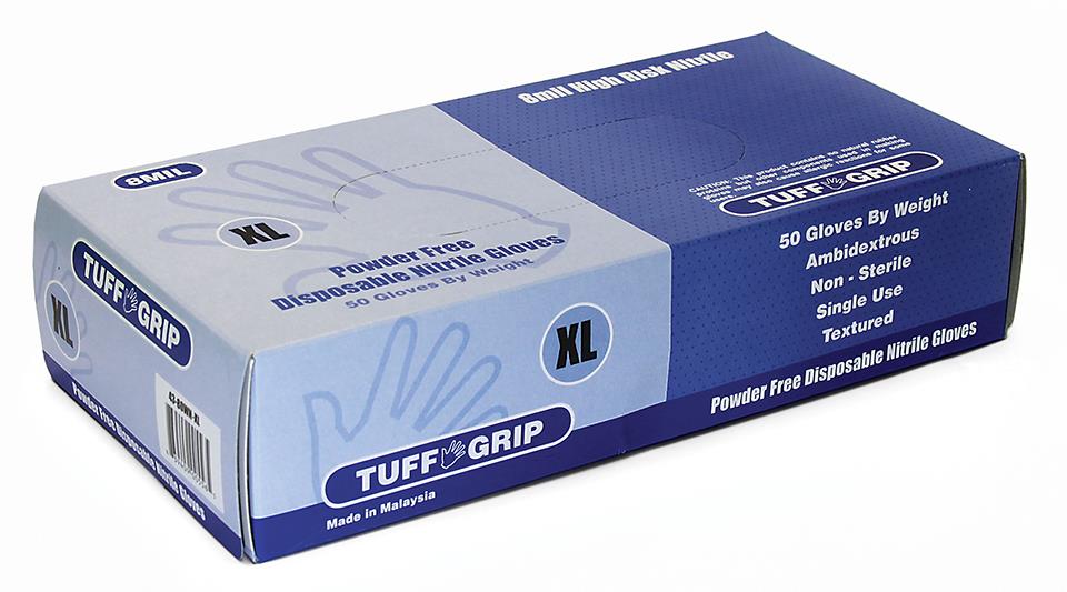 9" High Risk Powder Free Disposable Nitrile Gloves - Tuff Grip - Size: Large