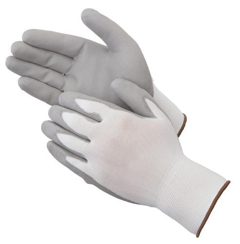 13 Gauge (Ultra Thin) Nylon String Knit Gloves w/ Polyurethane Coating - White/Grey - Size: Large