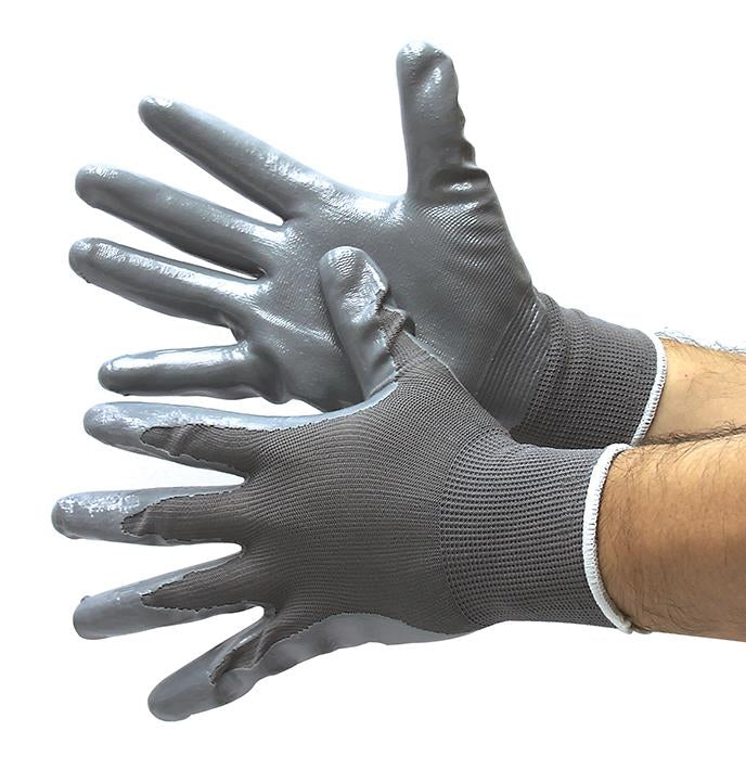 13 Gauge (Ultra Thin) Nylon String Knit Gloves w/ Nitrile Coating - Grey/Grey - Size: Small