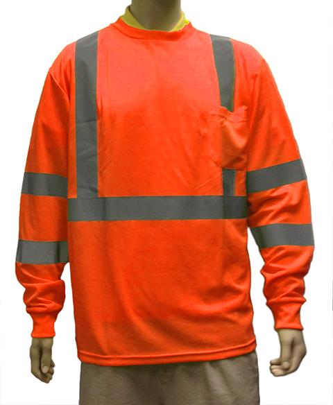 Long Sleeve Safety T-Shirts w/ Reflector Strips - ANSI Class III Rating - Orange - Size 3XL