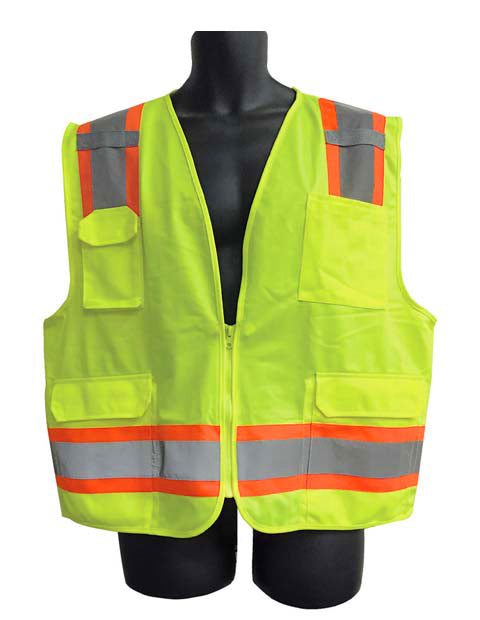 Flame Retardant Surveyor Safety Vests w/ Zipper Closure - ANSI Class II Rating - Green - Size: XL