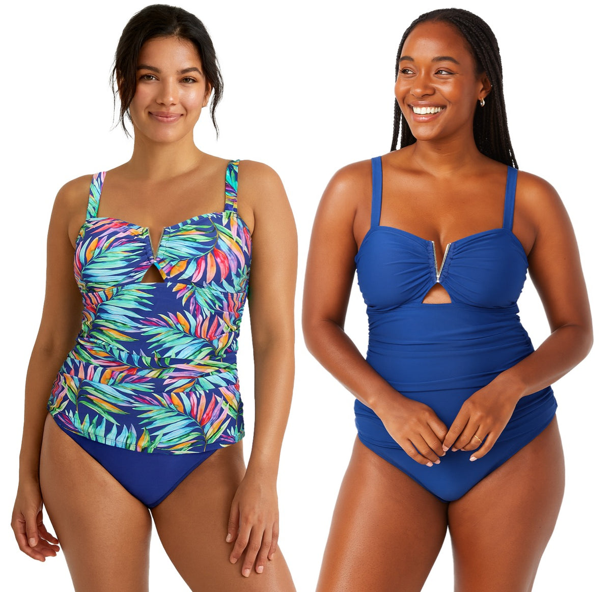 Women's Printed Tankini w/ Sweatheart Neckline & Keywhole Open - Palm Tree & Solid Print - Size 8-16