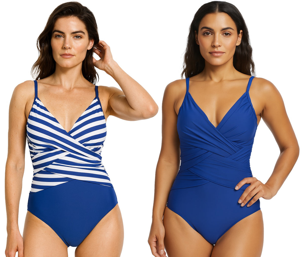 Women's Criss Cross One-Piece Swimsuit w/ Adjustable Straps - Two Tone Stripe & Solid Print - Size 8-16